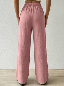 SHEIN EZwear Lotus Root Pink Cotton Loose Textured Pleated Drawstring Waist Pants - Dusty Pink - View 2