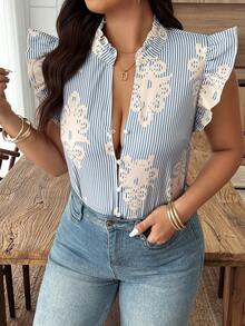 SHEIN LUNE 大码女式春夏条纹底纯色印花休闲度假衬衫 - 彩色 - 查看 4