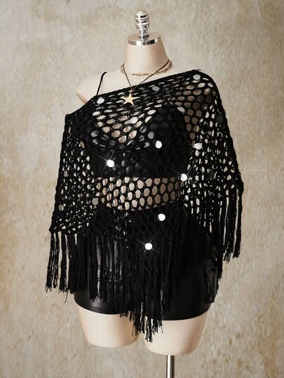 SHEIN ICON 大码 Y2K 黑色钩针亮片装饰沙滩罩衫，流苏亮片镂空沙滩罩衫，度假，夏季