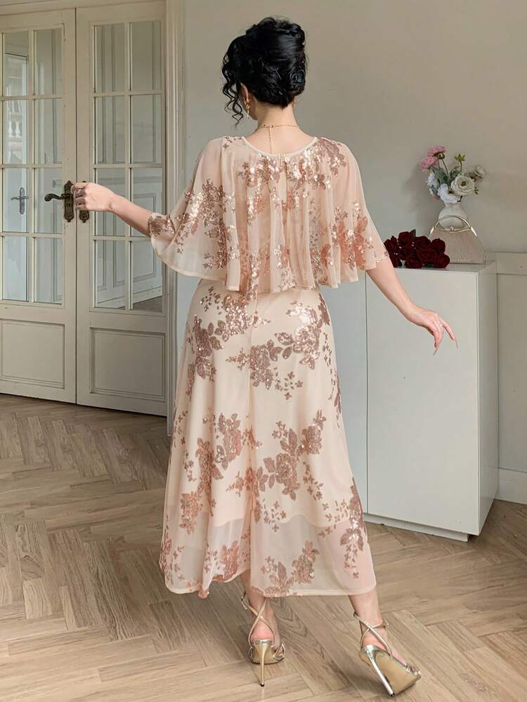 Women's Elegant Sequin Floral V-Neck Ruffle Hem Mid-Length Dress, Summer,Wedding Guest Dress Women Sundress