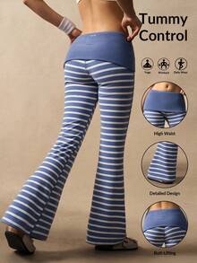 VARSIVA Women's Fold-Over Waist Striped Flare Leg Sports Pants - Multicolor - View 1