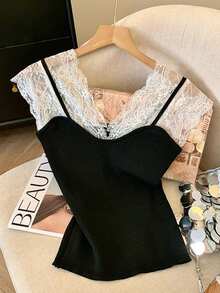 GlowEve Women's Elegant Contrast Lace Slim Fit T-Shirt For Daily Commute, Summer - Black - View 3