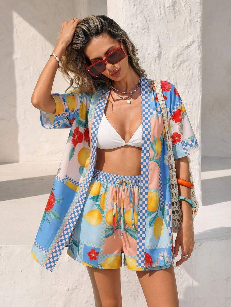 Vivid Eden Women Resort Summer Blue Leaf Print Kimono Shirt And