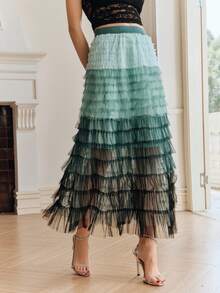 Anewsta Gradient Green Mesh Patchwork Tulle Skirt, Suitable For Party And Daily Wear - Green - View 1