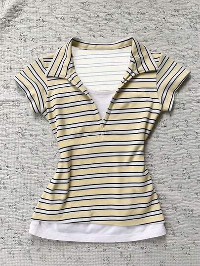 Glimmora Camisa polo feminina retrô de verão, listrada em amarelo e branco, modelo 2 em 1, manga curta, decote em V, modelagem ajustada e elegante. Blusa retrô casual e estilosa.