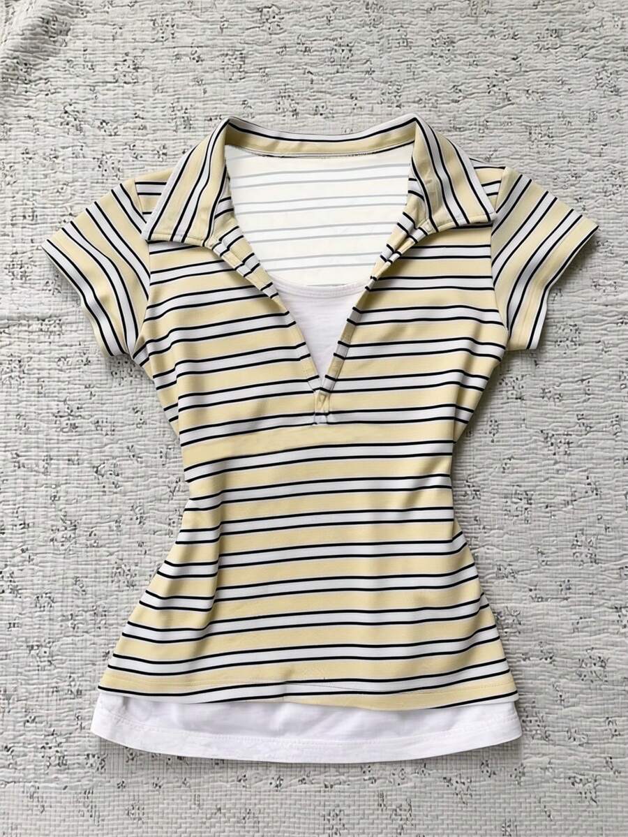 Glimmora 女士复古夏季新款黄白条纹二合一Polo衫，短袖V领修身显瘦上衣，复古休闲时尚衬衫 - 淡黃色 - 查看 1