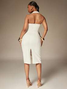 Denimoi 搭扣细节露背牛仔连衣裙 性感连衣裙 度假连衣裙 早午餐连衣裙 镂空连衣裙 春季 - 白色 - 查看 3