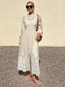 DAZY 蕾丝拼接镂空收腰长袖优雅正式夏季女式连衣裙 - 杏色 - 查看 5