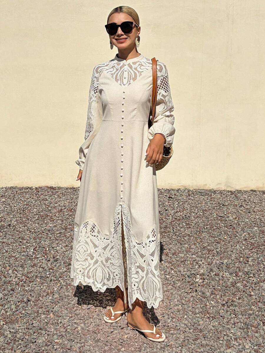 DAZY Lace Patchwork Hollow Out Waist Cinching Long Sleeve Maxi Elegant Formal Summer Dress For Women - Apricot - View 1