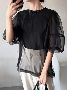 FRIFUL Women's Summer Casual Commuting Mesh Patchwork T-Shirt - Black - View 6