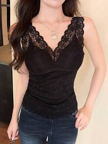 FRIFUL 女士V领蕾丝加垫时尚百搭休闲上衣 - 黑色 - 查看 4