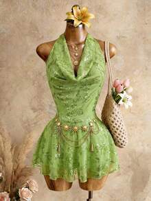 Mistrie 女士花卉亮片垂褶领性感度假连衣裙 - 綠色 - 查看 4