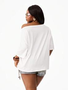 Coolane Women Plus Size White Summer Casual Everyday Oversized T-Shirt,Leopard Graphic Print Asymmetrical Neck Short Sleeve Pullover Top,Y2K Streetwear - White - View 7