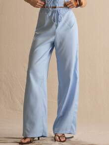 MUSERA Strap Detail Wide Leg Trouser Co-Ord Bottoms Only Spring Summer Cosy Cute Daily Girly Vacation Sunlight Social - Baby Blue - View 2
