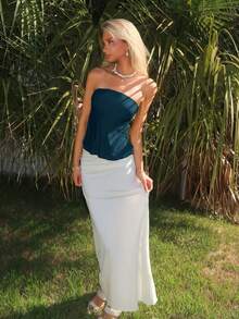 Sydney Algeri Women Solid Color Ruffle Hem Bandeau Strapless Top - Baby Blue - View 3