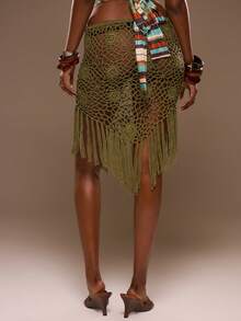 MUSERA Mid Rise Crochet Knit Fringed Dripped Hem Midi Skirt Cover Up Spring Summer Vacation Beach Elegant Ibiza Festival Holiday Tajine - Army Green - View 5