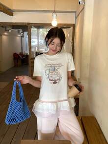 DAZY 女士圆领韩版卡通印花网纱荷叶边叠层两件套 - 白色 - 查看 7