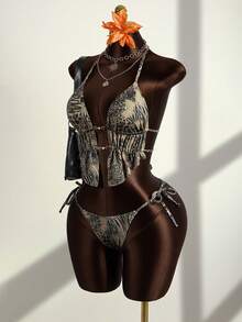 Zestiva Women's 2pcs Sexy Leopard Print Random Pattern V-Neck Spaghetti Strap Tie Camisole & Bikini Set, Summer - Multicolor - View 4