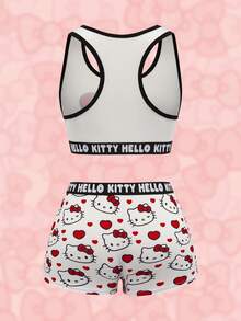 HELLO KITTY AND FRIENDS | SHEIN 女士撞色滚边圆领无袖可爱卡通印花内衣套装 - 紅白色 - 查看 2