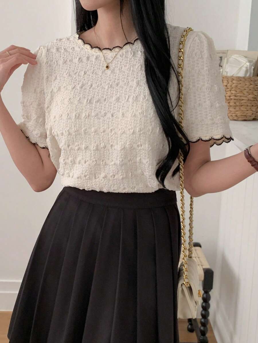 DAZY Women's Summer Textured Loose Fit Contrast Trim Casual T-Shirt - Apricot - View 1