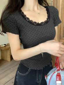 DAZY 女士休闲波点蕾丝边T恤，夏季 - 灰色 - 查看 8