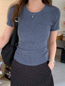 DAZY Solid Color Round Neck Fitted Short Sleeve Women T-Shirt Summer - Navy Blue - View 4