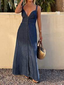 Livesso 女士复古牛仔蓝V领纽扣前开衩度假沙滩牛仔连衣裙 - 藍色 - 查看 3