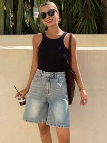 Livesso 女士休闲日常口袋纽扣牛仔短裤 - 藍色 - 查看 4