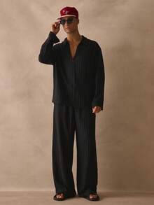 Musero Sold As One V Neck Long Sleeve Shirt Wide Leg Trouser Pant Striped Set Spring Summer Essentials - Black - View 1