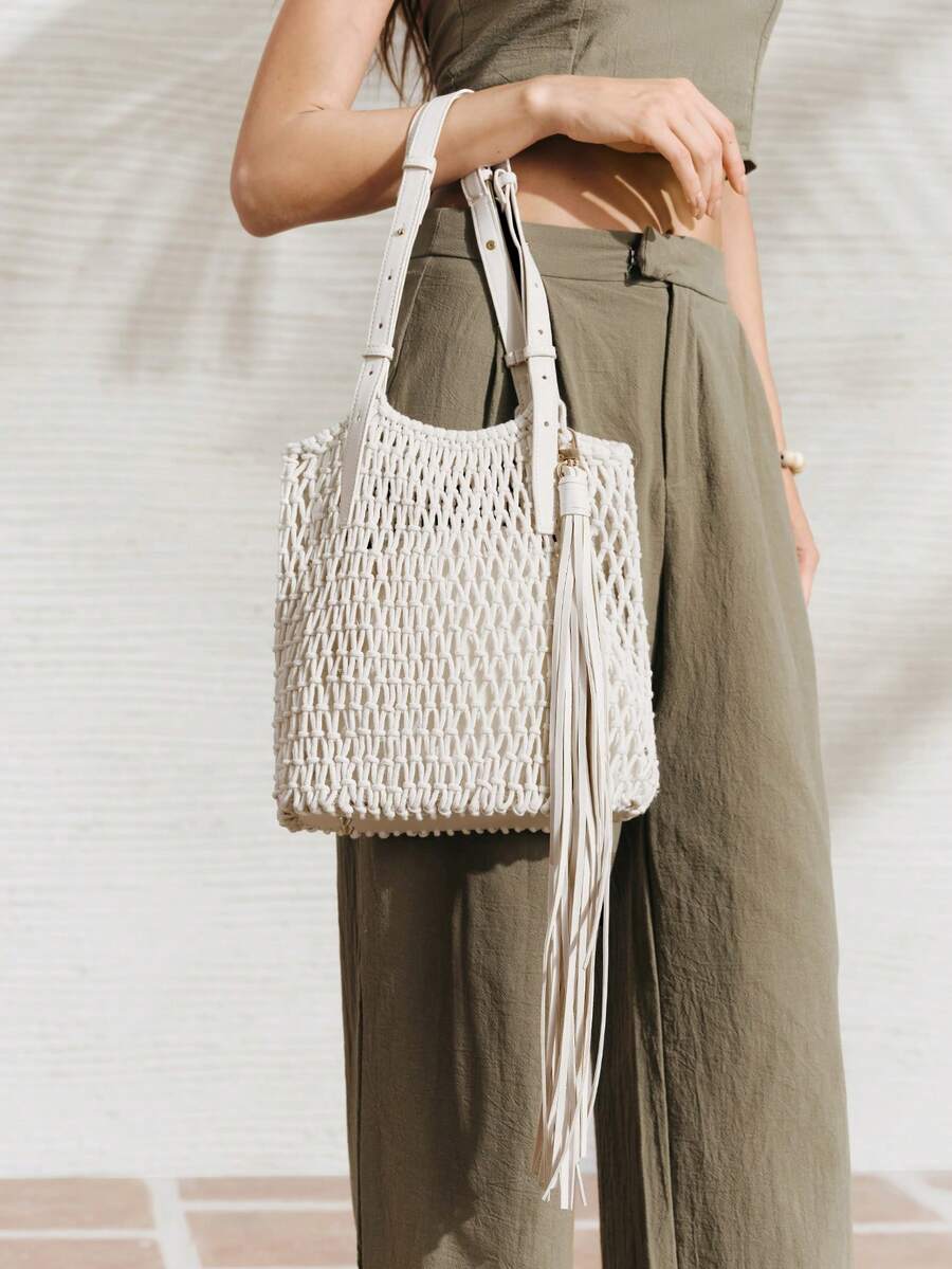 SHECARRY 女士单肩包，编织镂空单肩包，时尚假日流苏包。 - 米色 - 查看 1