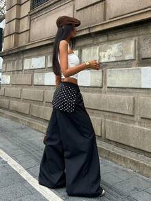 Coolane Polka Dot Print Twist Elastic Waist Casual Wide Leg Woven Women Pants - Black - View 7