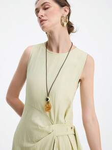 Aalyst Women's Solid Color Round Neck Side Button Design Casual Sleeveless Mid-Length Dress - Pastel Green - View 7