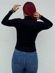 Bearsaez 仿珍珠领修身黑色长袖套头毛衣 - 黑色 - 查看 2