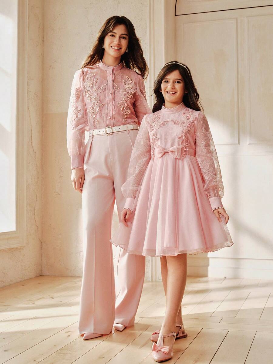 Anewsta 女童长袖薄纱荷叶边珍珠公主裙，粉色，春夏款 - 粉色 - 查看 1