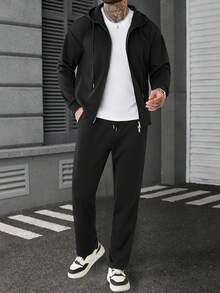 Manfinity CasualCool 男士连帽抽绳拉链黑色休闲外套套装 - 黑色 - 查看 4