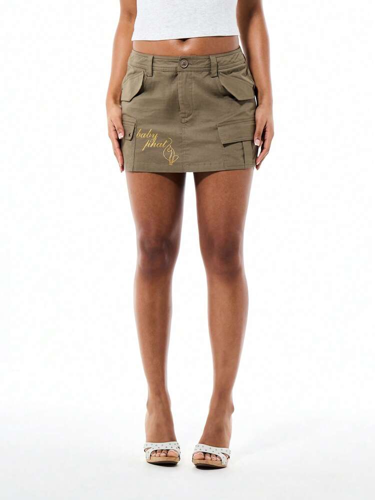 BABYPHAT Utility Cargo Mini Skirt Olive Green High Waist Button Closure Embroidered Logo Street Style Casual Fashion Denim Alternative Summer Urban Look