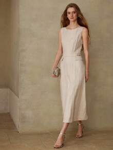 MOTF PREMIUM 女士50%亚麻混纺无袖中长连衣裙，休闲约会装，春夏款 - 杏色 - 查看 2