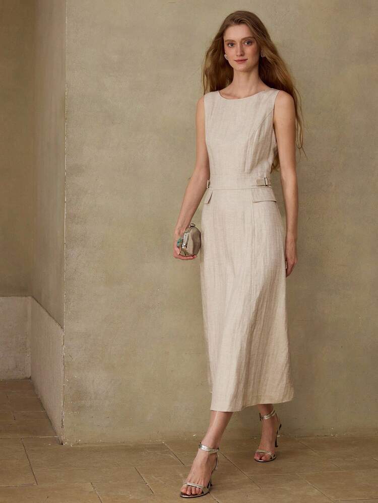WOMEN'S 50% LINEN BLEND SLEEVELESS MIDI DRESS, CASUAL & DATE WEAR, SPRING/SUMMER