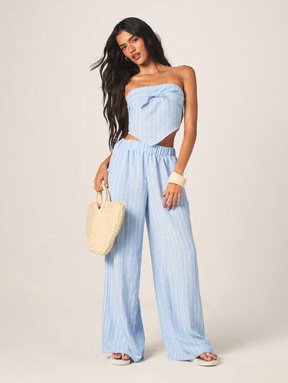 MISSGUIDED 女士浅蓝色条纹抹胸上衣和阔腿裤夏季两件套