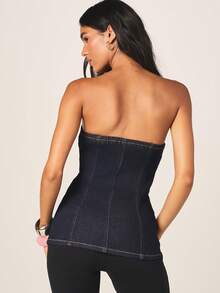 MISSGUIDED Áo quây dài tay bằng vải denim co giãn dành cho nữ, có khóa kéo phía trước, kiểu áo corset không dây vai. - Màu xanh lam - Xem 3