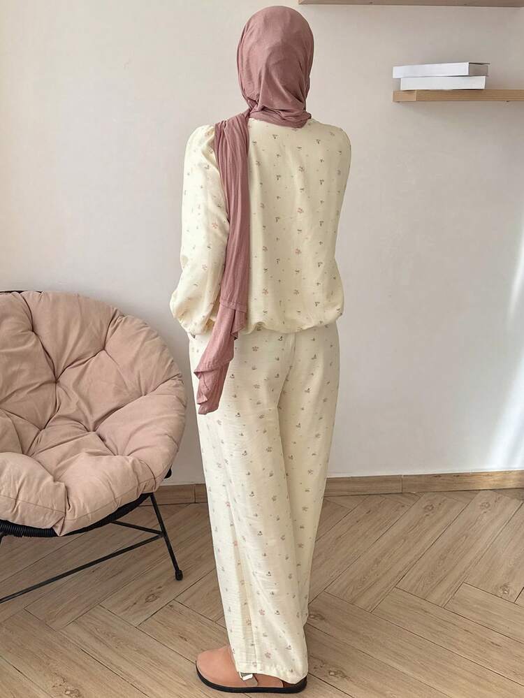 Sweet Floral Ruffle Trim Lantern Sleeve Women Pajama Set