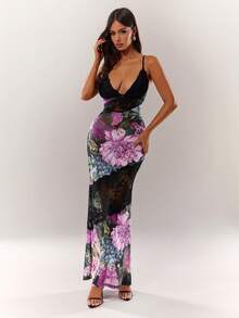 Radiana Women's Sexy Elegant Lace Contrast Mesh Spaghetti Strap Fishtail Dress, Romantic Floral Print Dress, Lace Strap Dress, Mesh Dress, Bodycon Dress, Sheer Dress, Spaghetti Strap Long Dress, Vacation Dress, Beach Dress, Date Dress - Multicolor - View 5