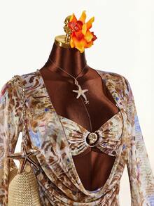 Amplova 3pcs Women's Swimwear Set, Plunging Neckline Long Sleeve Backless Top, Side Ruched Skirt & Bikini, Flare Sleeve, Suitable For Vacation & Beach Wear - Multicolor - View 5