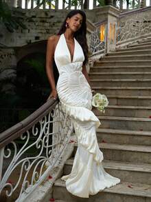 Opulessa 纯色编织露背吊带V领连衣裙，适合春夏度假穿着 - 米色 - 查看 5