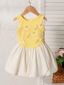 Souflis Souflis Baby Girl Patchwork Round Neck Bow Decor Ruffle Fashion Party Dress - Yellow - View 6