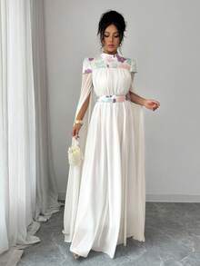 Elenzga Women's Floral Print Stand Collar Ruched Waist Dress With Extra Long Sleeves - White - View 4