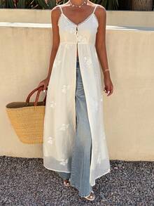 DAZY Women's Solid Color Long Slit Textured Embroidered Fabric Elegant Summer Vacation Camisole Top - Apricot - View 3