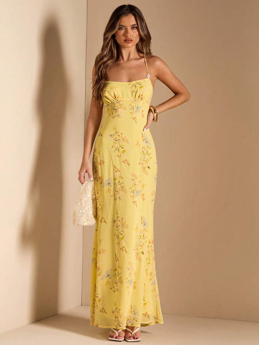 SHEIN BAE Yellow Ditsy Floral Backless Tie Dress, Elegant & Graceful For Spring/Summer,Summer Dresses For Women - Yellow - View 1