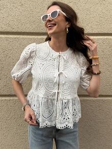 Solivie Women's Front Tie Petal Sleeve Cute Embroidered Vacation Elegant Blouse, Valentine's Day Outfit - White - View 3