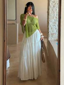 Sunnyshic 女士绿色镂空露肩休闲轻薄针织披肩，适合夏季度假 - 綠色 - 查看 5